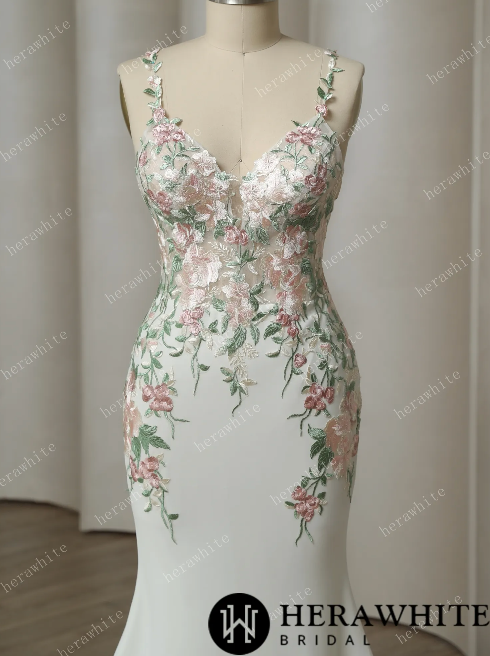 Crepe Lace Frosted Embroidery Wedding Dress Bridal Gown, Frosted embroidered florals look breathtaking. The sleek fit and flare