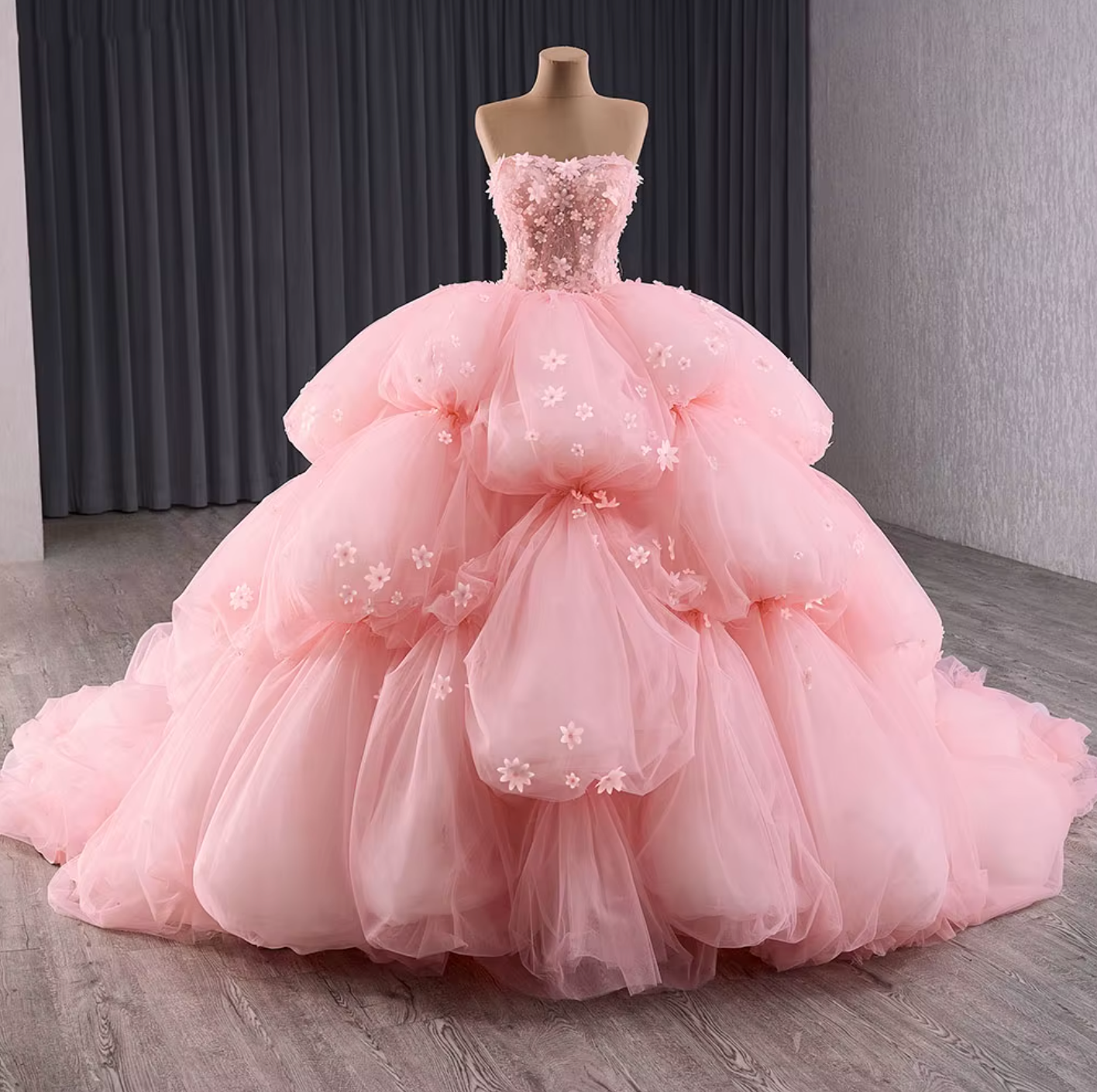 Quinceanera Dress Pink Ruffled Beaded Ball Gown, Elevate your Quinceanera style with our Spring Corset Pink Dress. The sleek fitted netting bodice