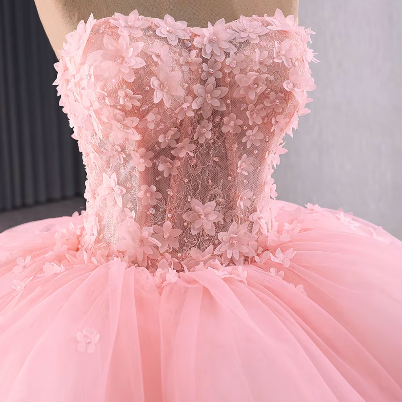 Quinceanera Dress Pink Ruffled Beaded Ball Gown, Elevate your Quinceanera style with our Spring Corset Pink Dress. The sleek fitted netting bodice