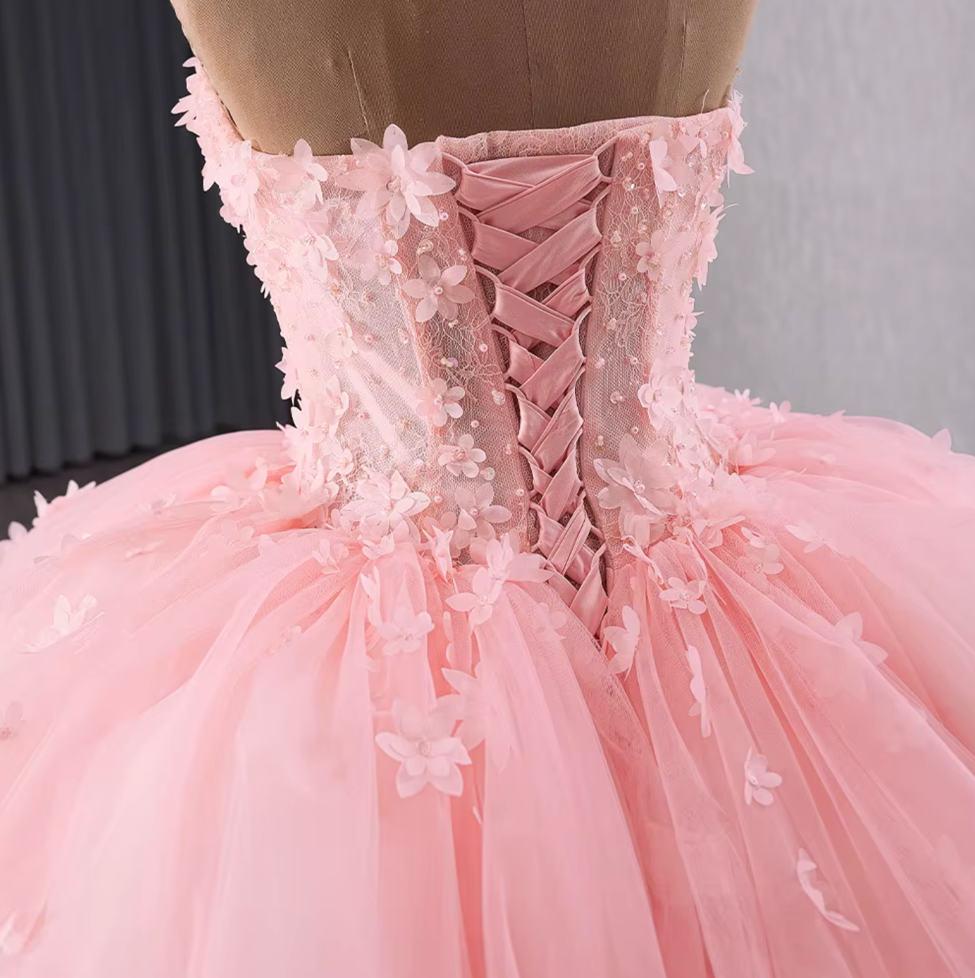 Quinceanera Dress Pink Ruffled Beaded Ball Gown, Elevate your Quinceanera style with our Spring Corset Pink Dress. The sleek fitted netting bodice