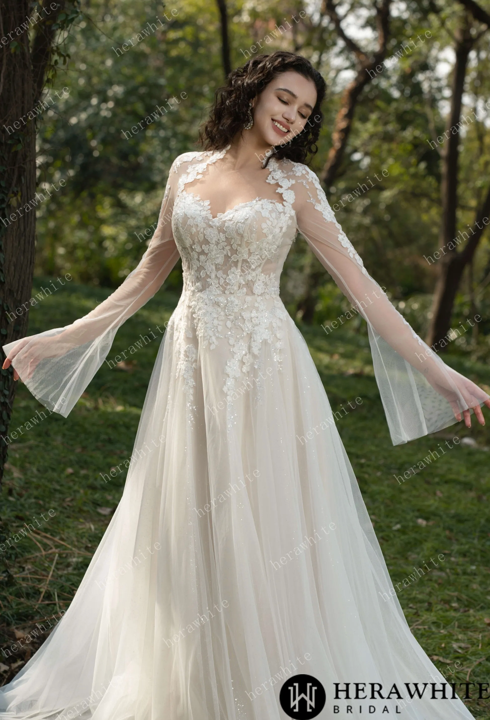 Blossom Lace Long-Sleeve Wedding Dress with floral lace appliqués and tulle skirt, perfect for modern brides.
