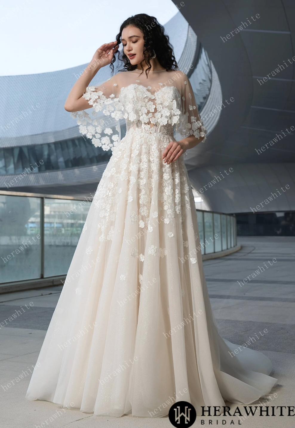 Elegant lace A-line wedding dress with sweetheart neckline and floral details, perfect for romantic brides.