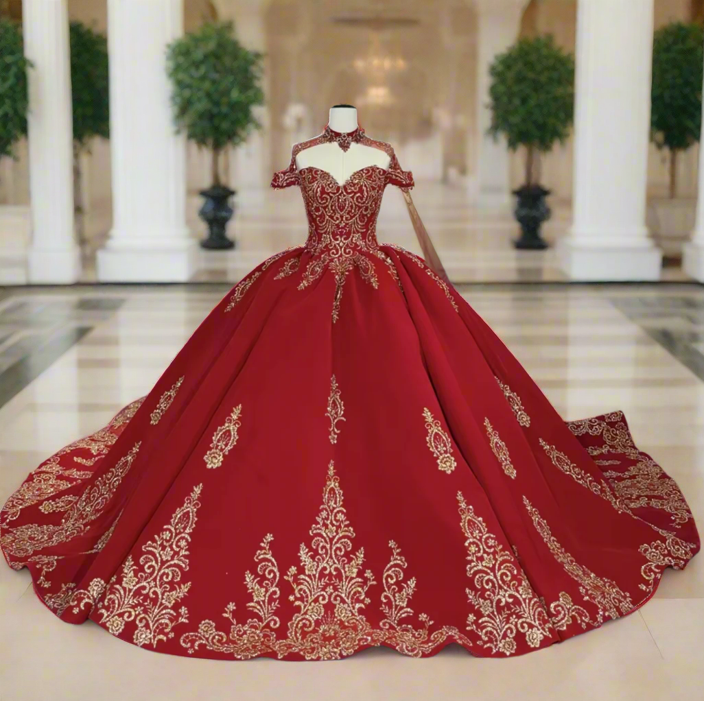 Quinceanera Dress Red Organza Sequined Lace Ball Gown With Train, Exuding timeless sophistication, this Red Lace