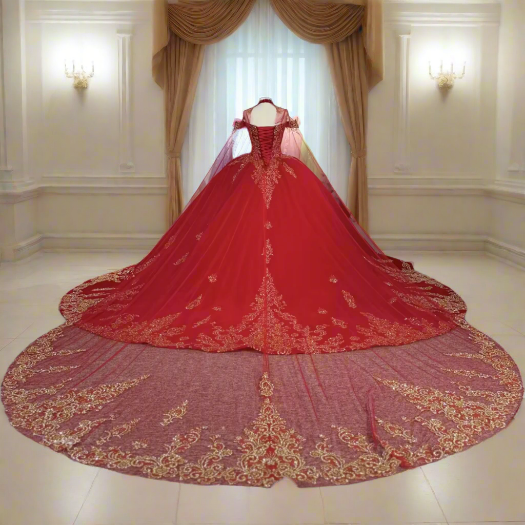 Quinceanera Dress Red Ball Quinceanera Dress Red Organza Sequined Lace Ball Gown With Train, Exuding timeless sophistication, this Red Lace