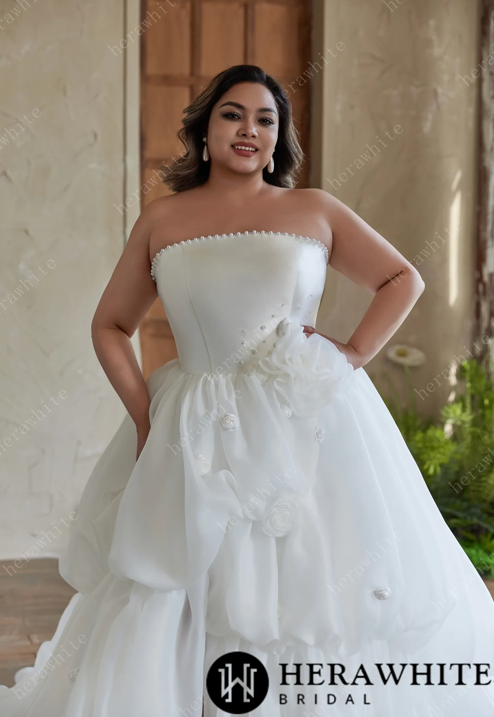 Plus size Wedding Dress Pearl Trimmed Floral Ball Gown