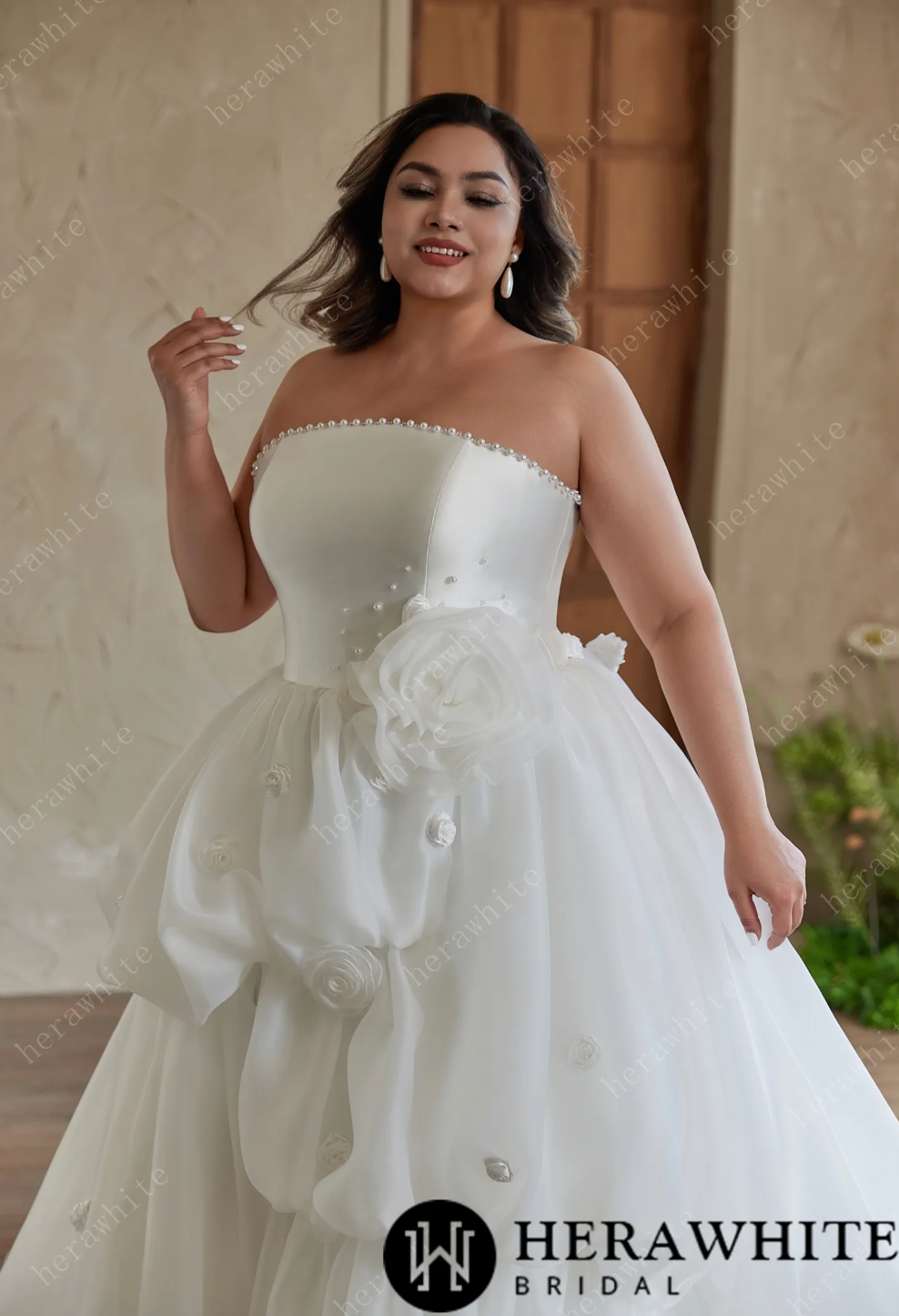Plus size Wedding Dress Pearl Trimmed Floral Ball Gown