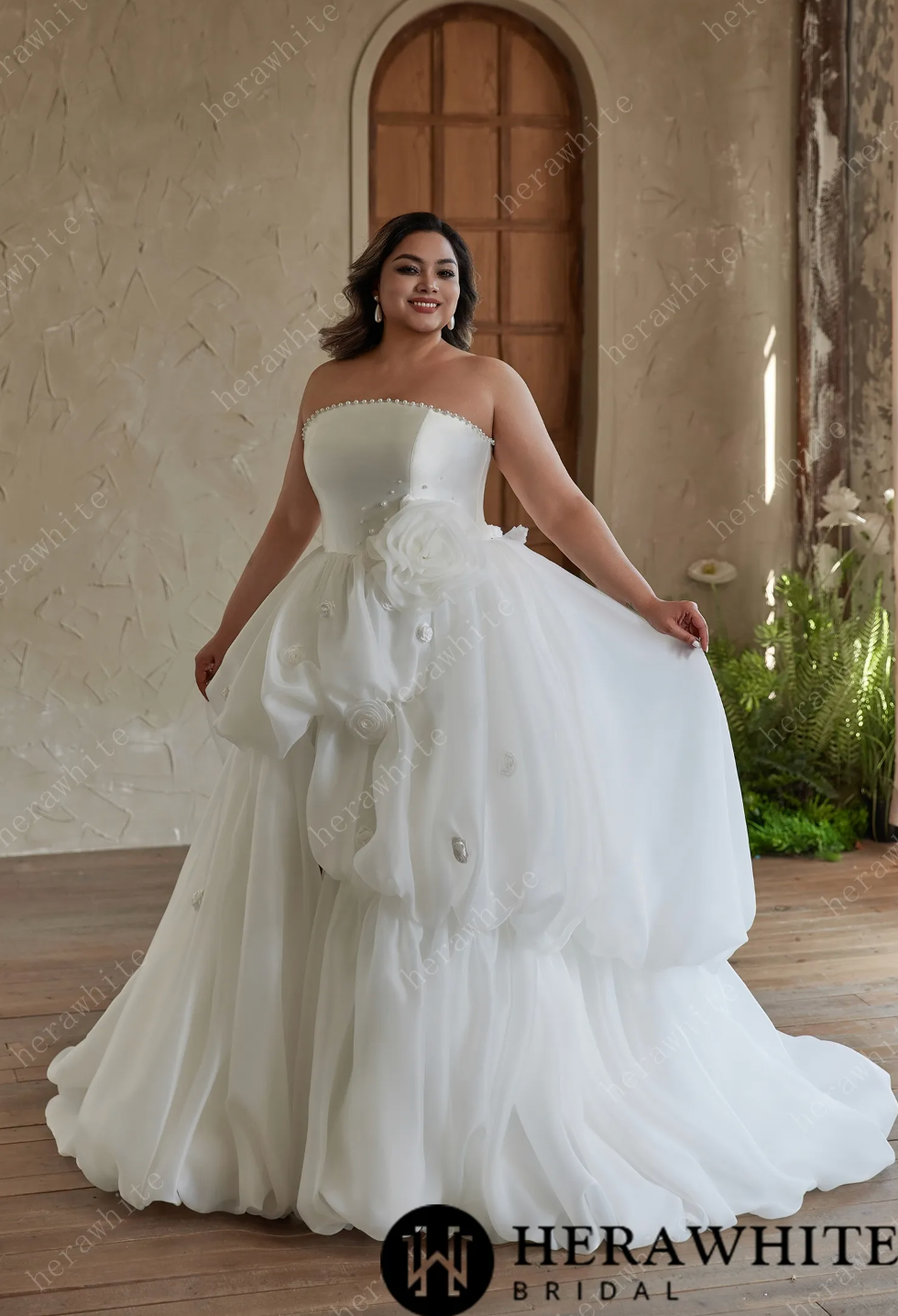 Plus size Wedding Dress Pearl Trimmed Floral Ball Gown