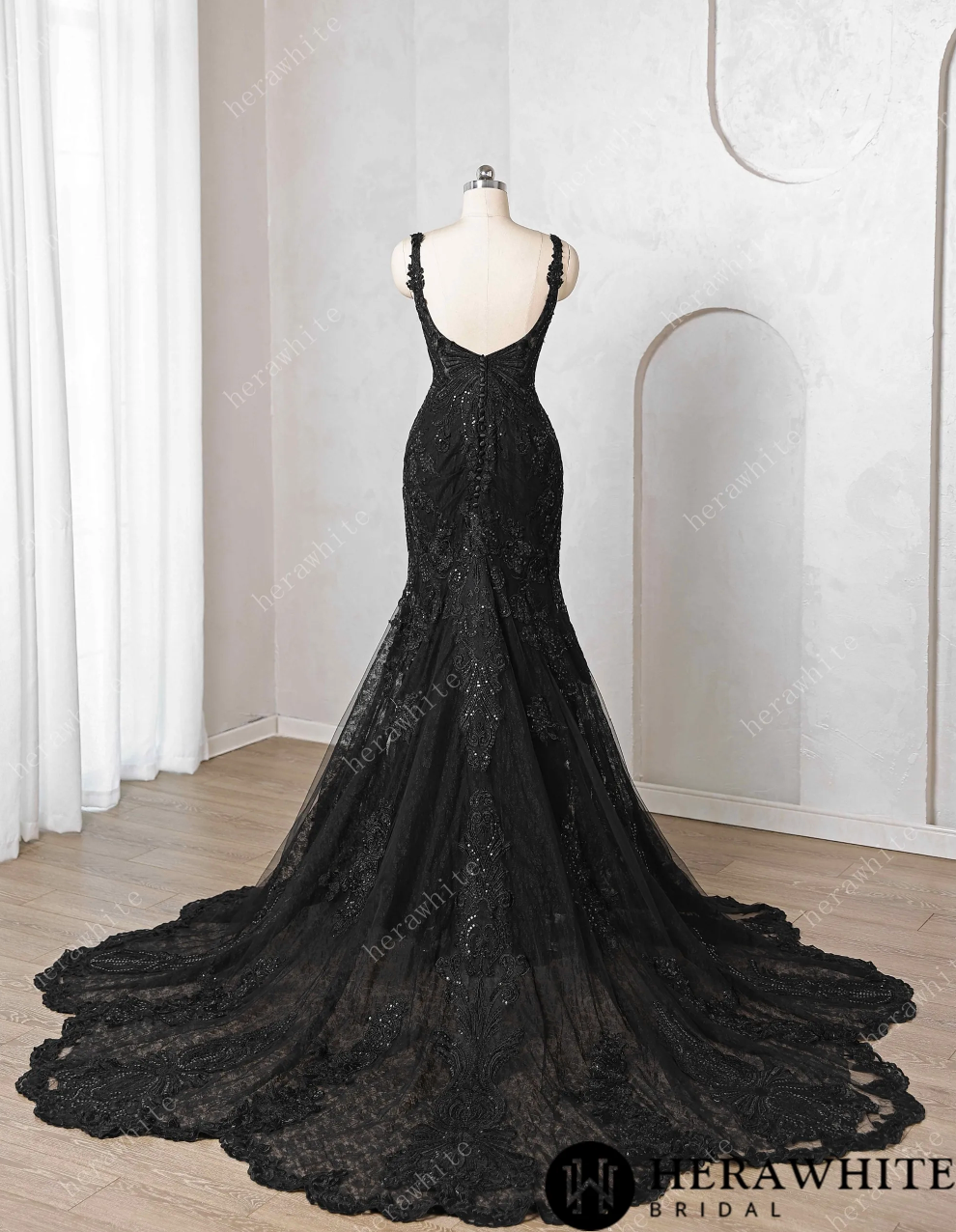 Wedding Dress Black Lace Tulle Trumpet Gown with Cathedral Train, this exquisite black mermaid gown showcases