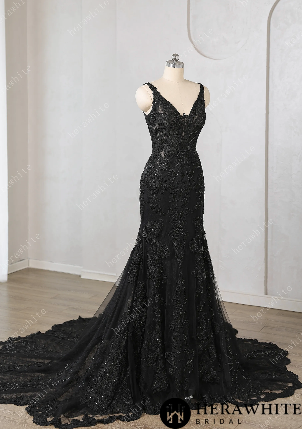 Wedding Dress Black Lace Tulle Trumpet Gown with Cathedral Train, this exquisite black mermaid gown showcases