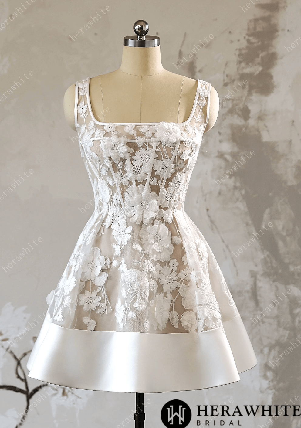 Mini Short Wedding Dress A Line Lace Bridal Attire, this sophisticated A-line short wedding dress features delicate ivory 3D floral lace