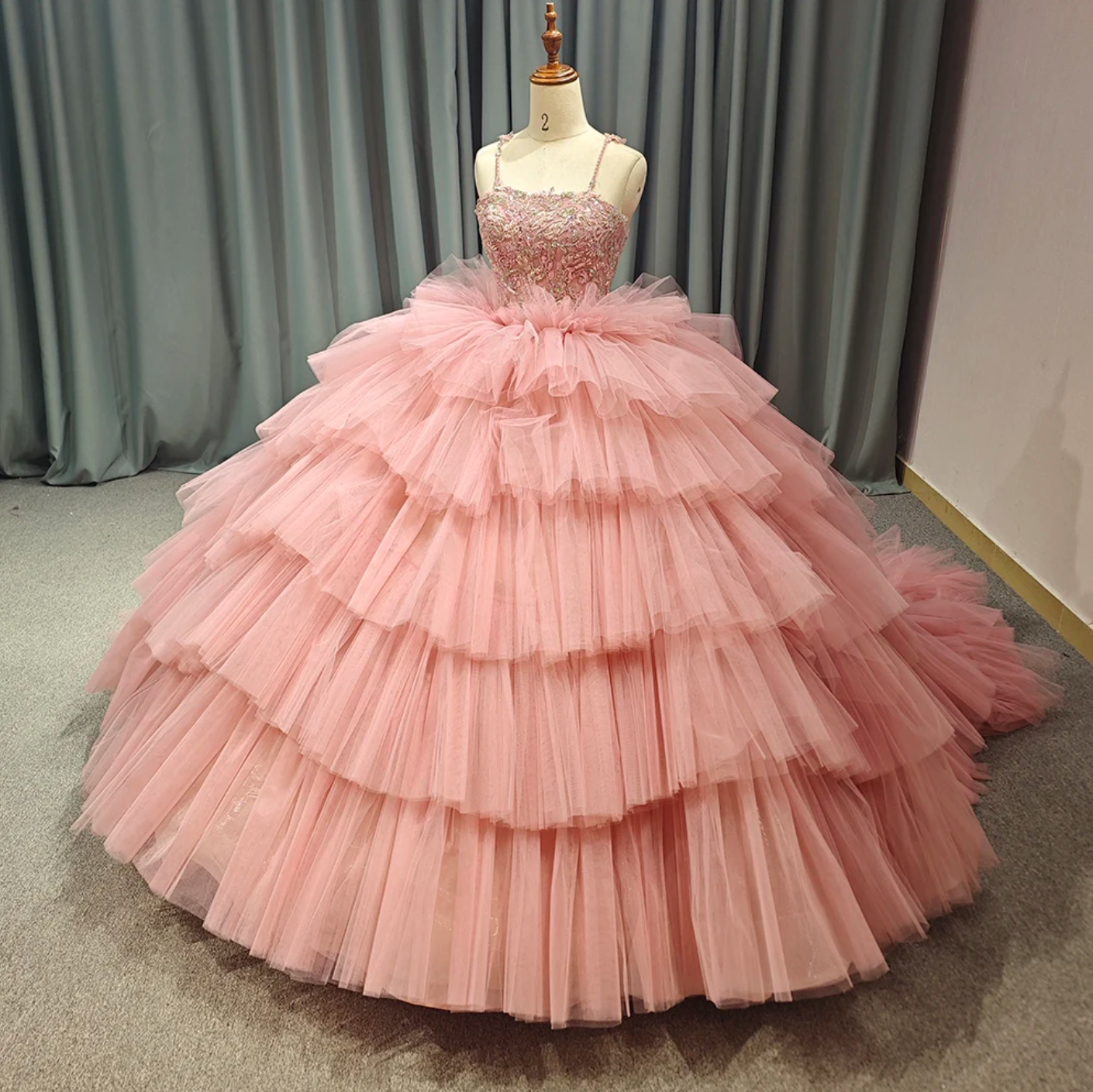 Quinceanera Dress Pink Floral Lace Court Train Ball Gown, Be the belle of the ball in this exquisite pink Quinceanera dress. The layers of cut tulle ruffles