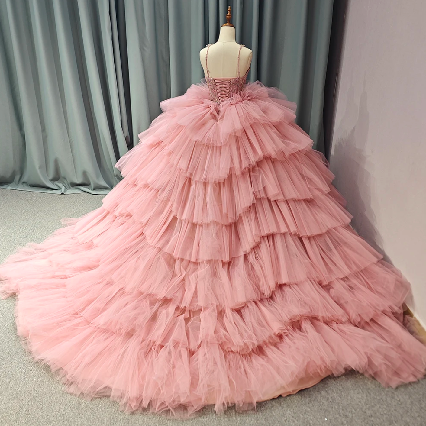 Quinceanera Dress Pink Floral Lace Court Train Ball Gown, Be the belle of the ball in this exquisite pink Quinceanera dress. The layers of cut tulle ruffles