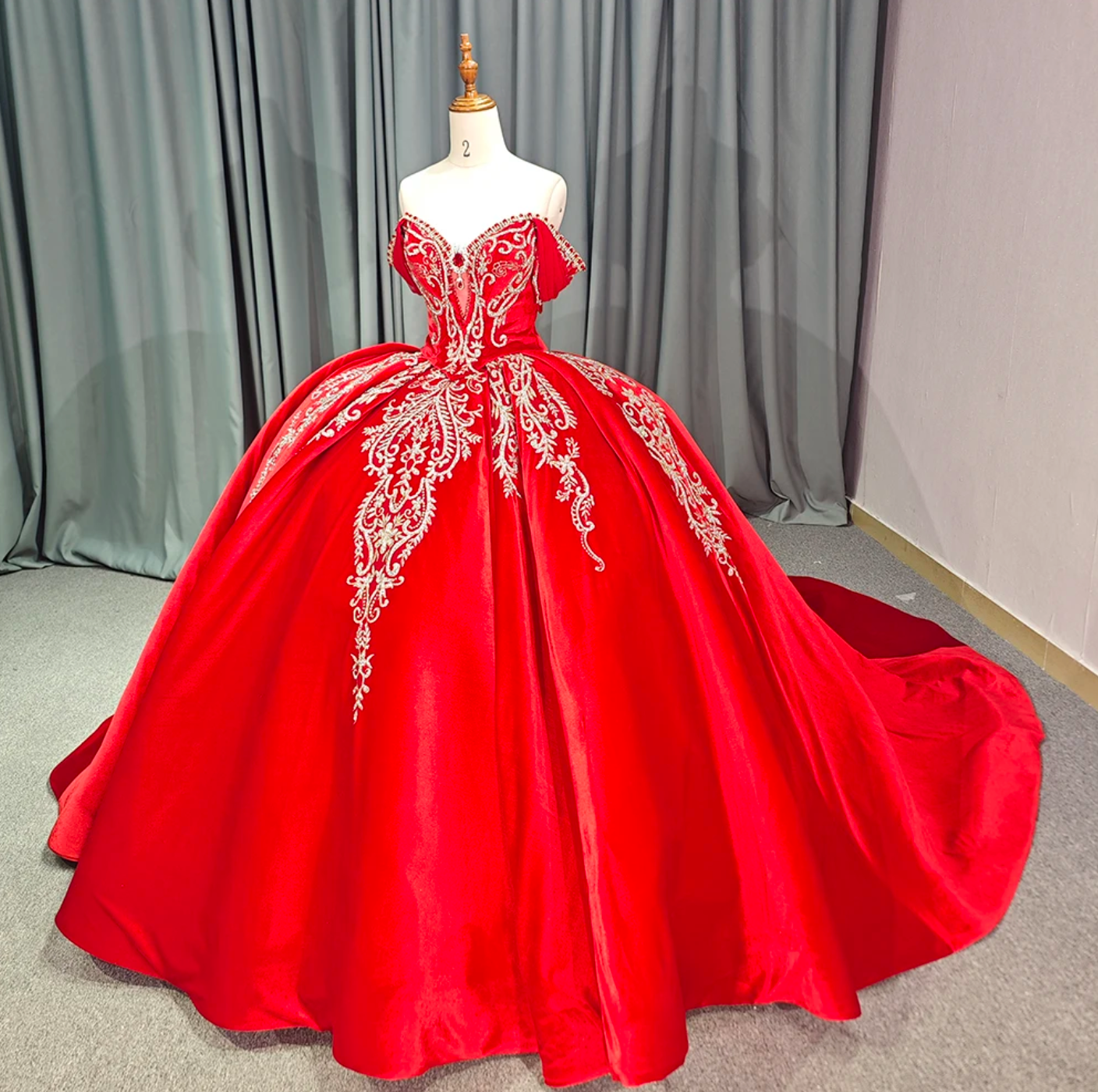 Quinceanera Dress Red Ball Gown With Train Lace Up Back, Indulge in this stunning red ball gown adorned with intricate gold lace, evoking a sense of regal sophistication