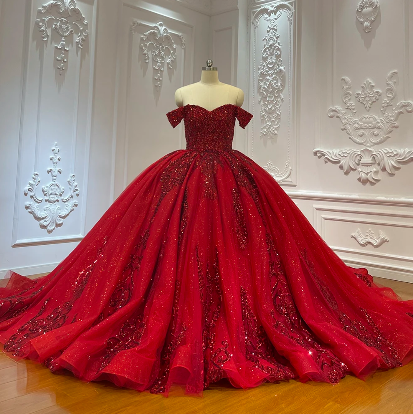 Quinceanera Dress Red Sparkly Sequins Ball Gown