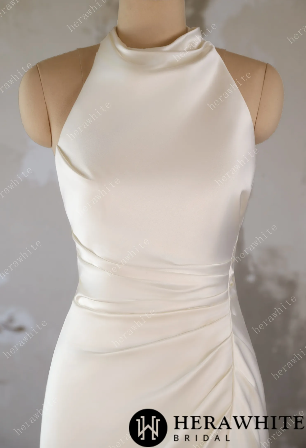 Wedding Dress High Neck Satin Bridal Gown with Train, this elegant wedding dress boasts a sleek high-neck design, w
