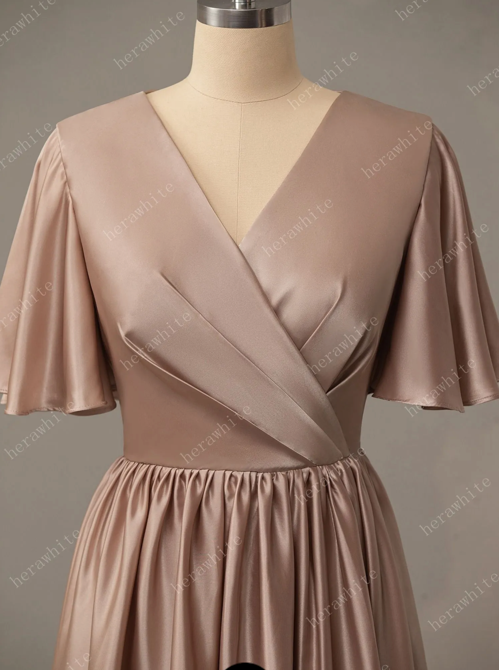 V-Neck Long Short Sleeve Silk Satin Bridesmaid Dress