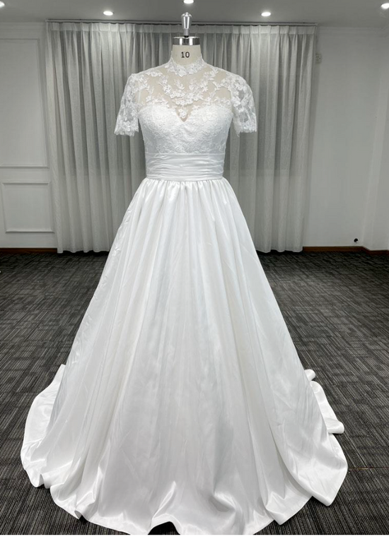 Modest A Line Lace Satin Wedding Bridal Gown