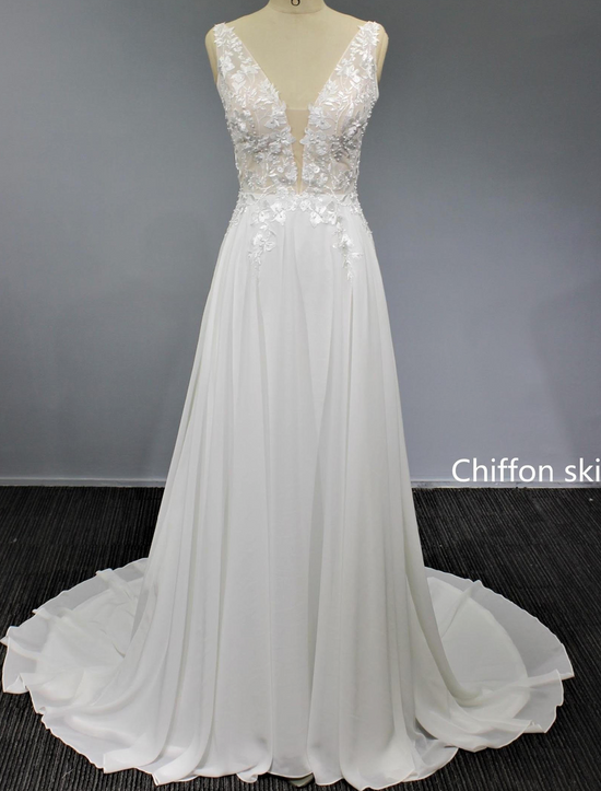 Pearl Beaded Lace Chiffon A Line Wedding Dress