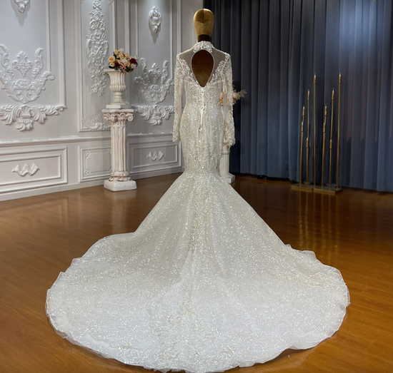 High Neck Long Lace Sleeve Wedding Mermaid Gown with Detachable Train