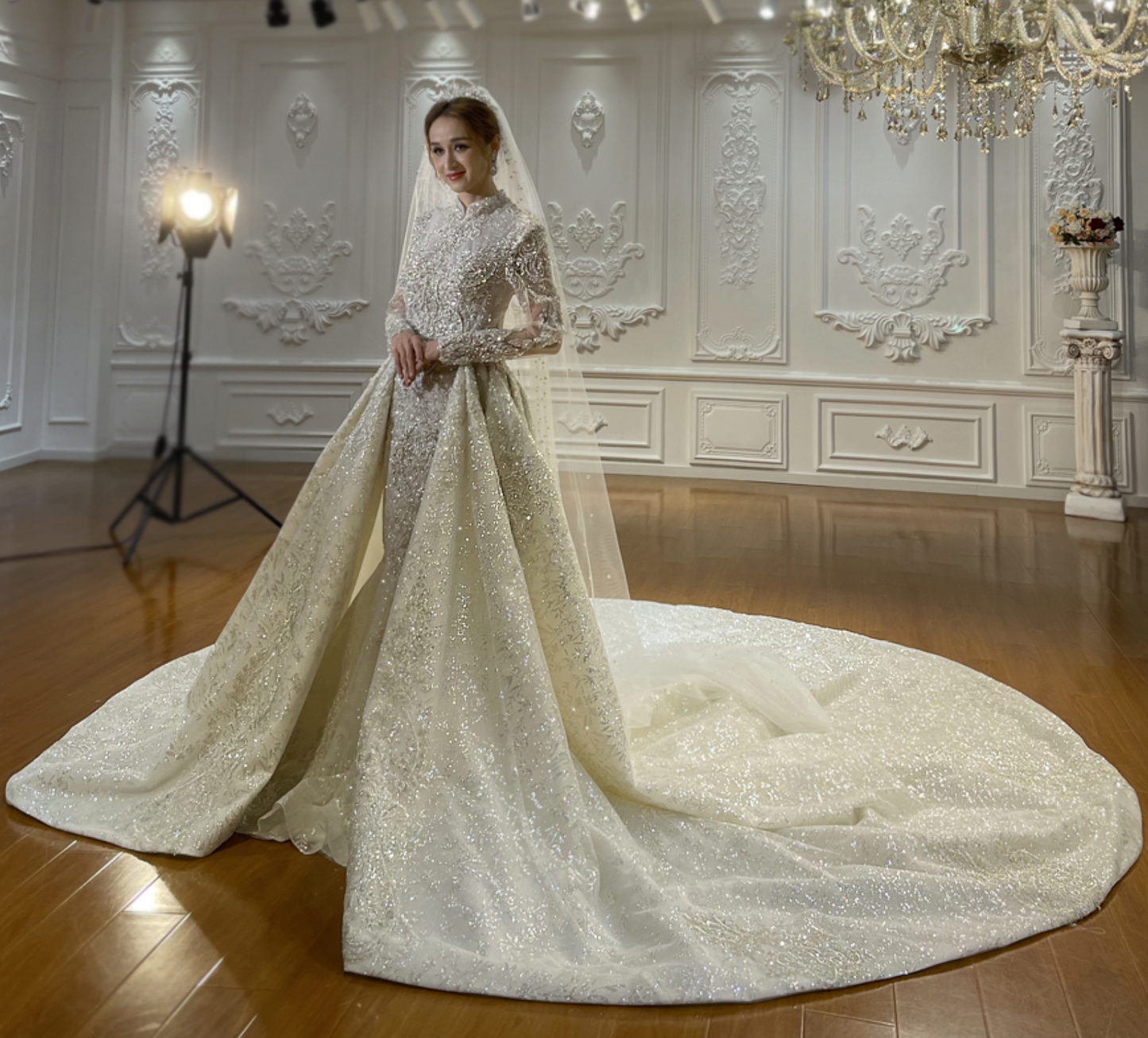 High Neck Long Lace Sleeve Wedding Mermaid Gown with Detachable Train