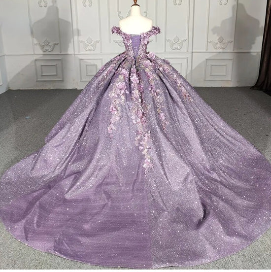 Purple Floral A Line Sequined Party Ball Gown