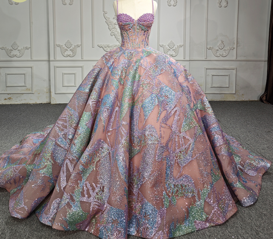Quinceanera Dress Multi Pink Lace Up Back Ball Gown, An exquisite A-line ball gown in vivid multicolor hues, with an intricate faux pearl corset-style bodice