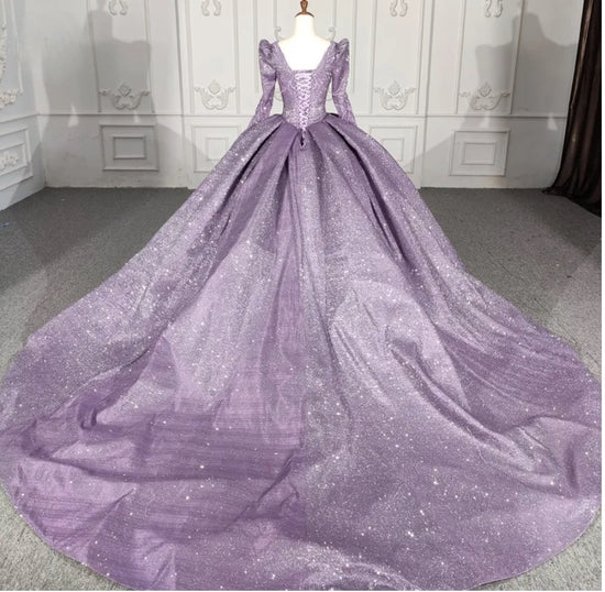 Purple Long Sleeve Full Gather Skirt A Line Party Ball Gown