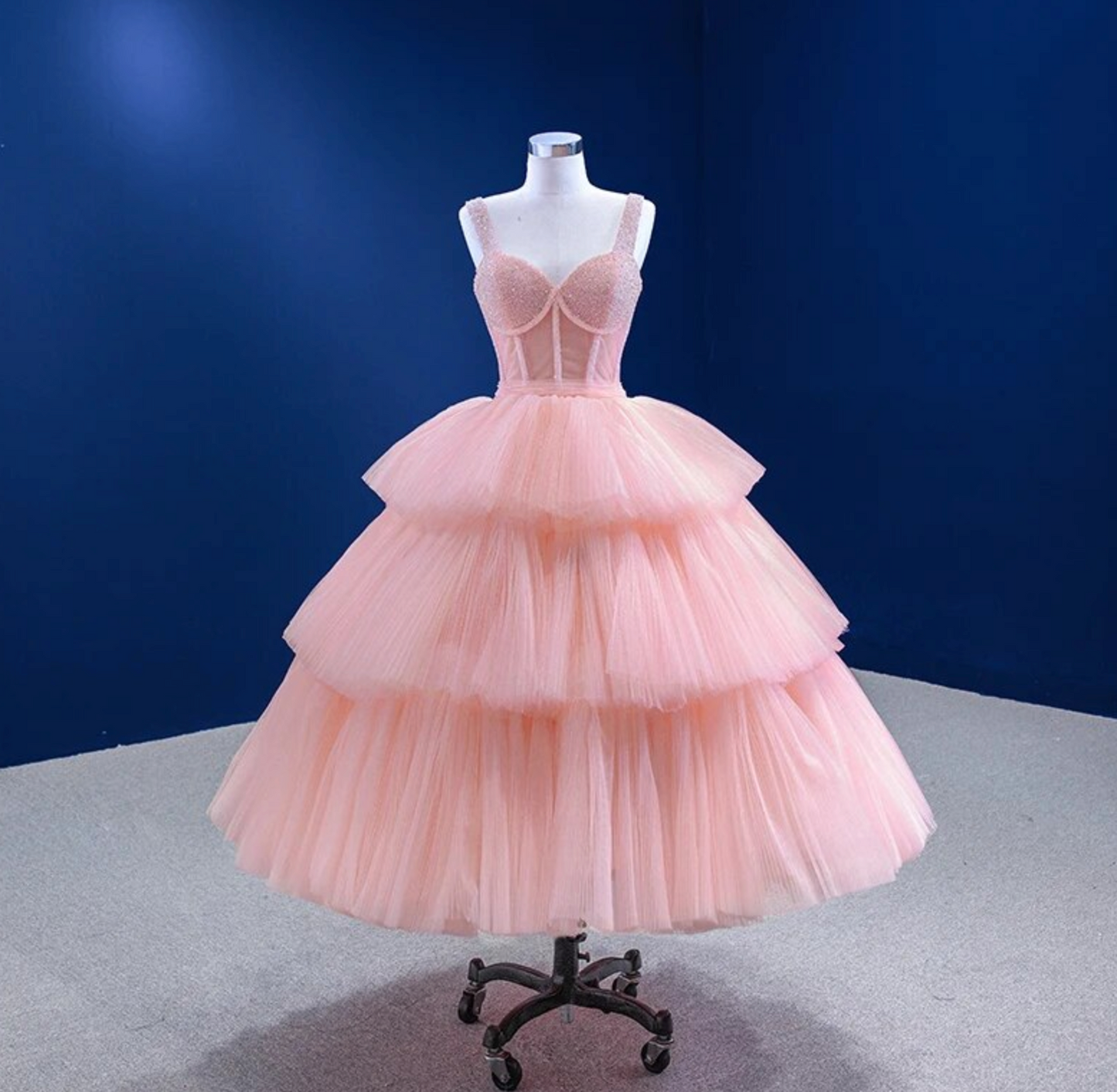 Party Dress Pink Organza A Line Gown, A refined pink organza formal dress, featuring a corset-style bodice with shoulder straps, a fitted waist, and intricate tiers of organza
