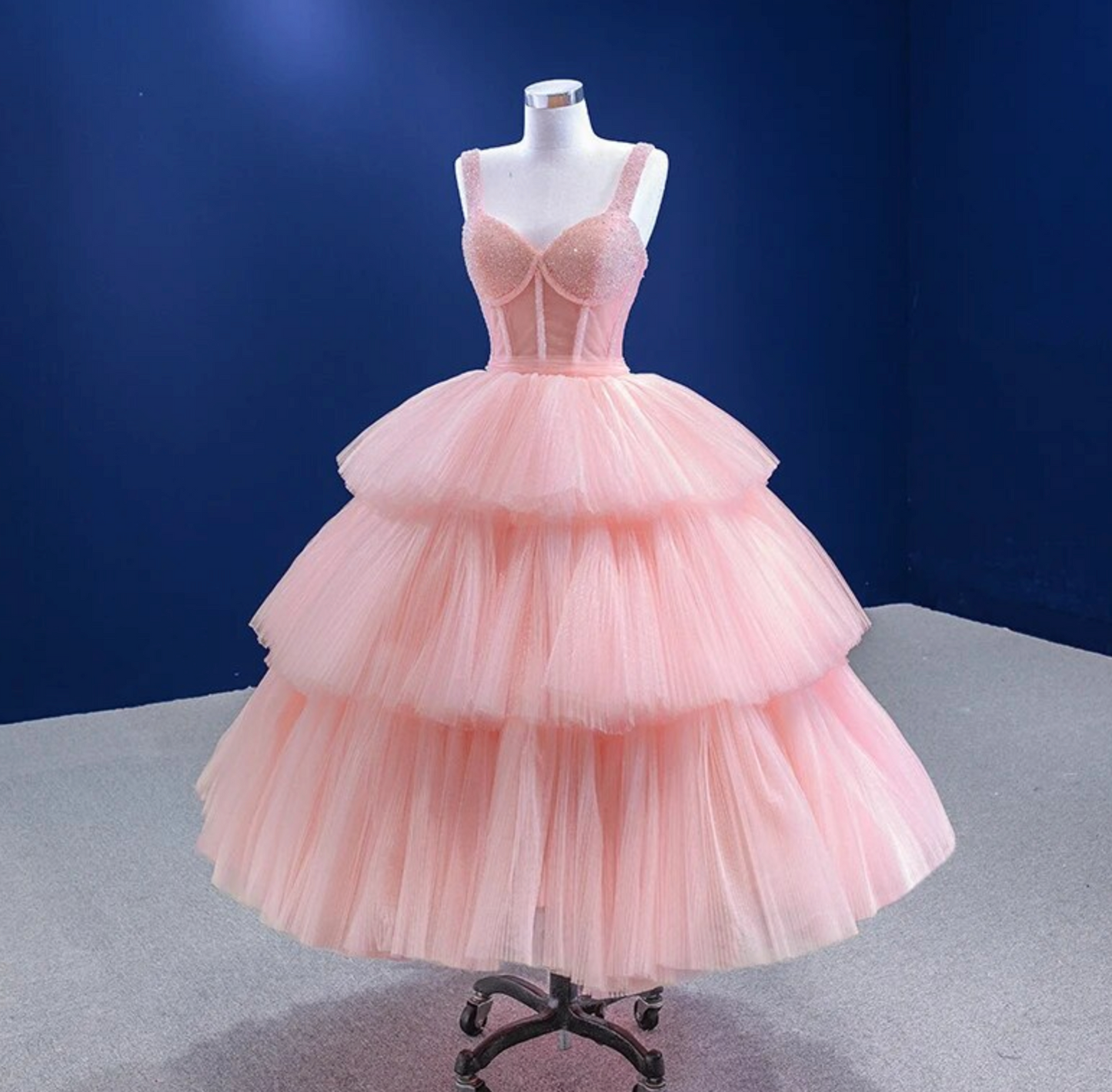 Party Dress Pink Organza A Line Gown, A refined pink organza formal dress, featuring a corset-style bodice with shoulder straps, a fitted waist, and intricate tiers of organza