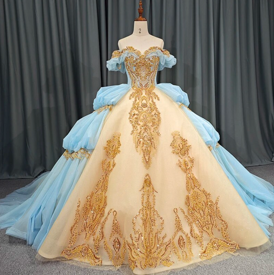 Baby Blue Gold Princess Quinceañera Dress