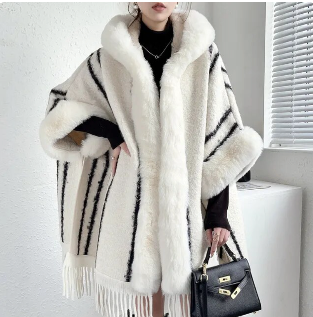 Faux Rabbit Fur Collar Ladies Winter Plush Thick Shawl Hooded Tassel Poncho