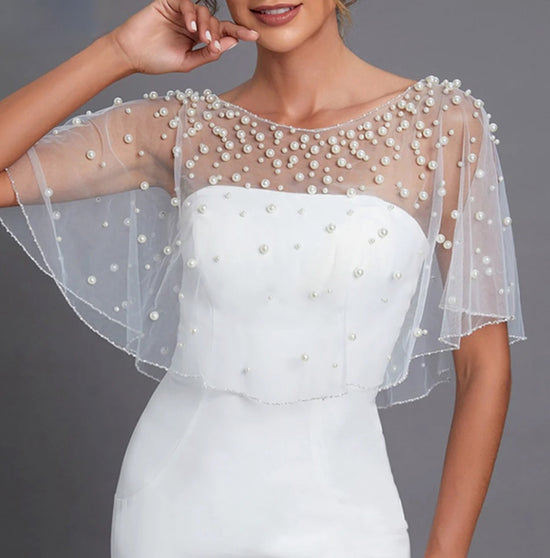 Elegant Wedding Bridal Pearl Beaded Openwork Jacket Bolero Transparent Cape
