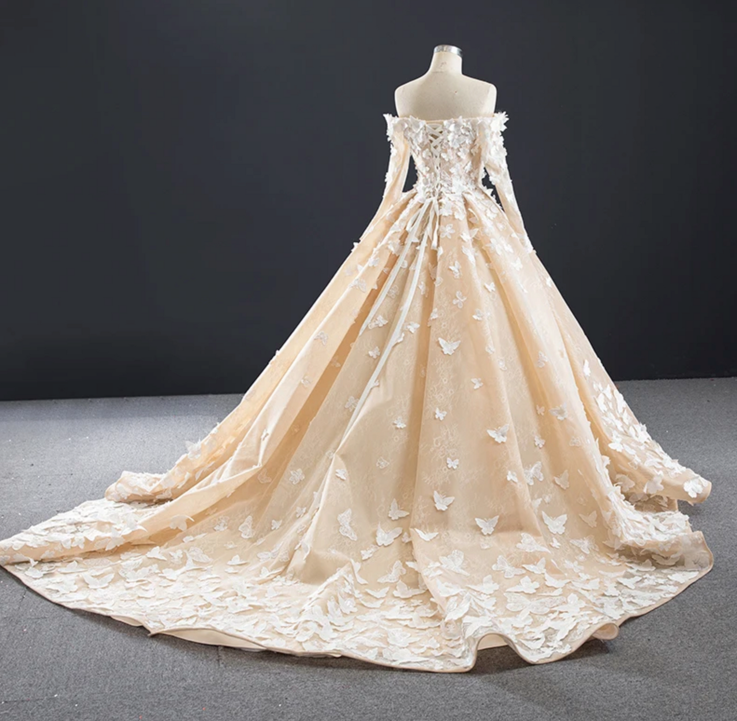 Quinceanera Dress #D Butterfly LaceLace Up Back With Train, Experience the enchanting romance of our Romantic Butterfly Quinceanera Dress