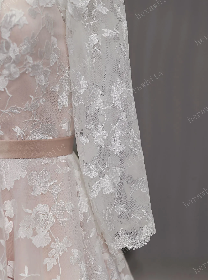 Mini Short Wedding Dress Tea Length Lace Sleeves,  Indulge in the timeless charm of House of Mooshki's vintage inspired 1950’s tea length blush wedding dress.