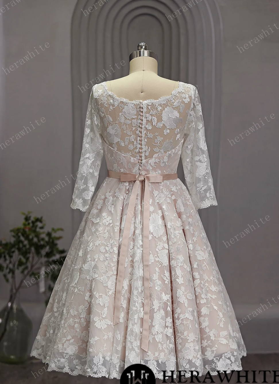 Mini Short Wedding Dress Tea Length Lace Sleeves,  Indulge in the timeless charm of House of Mooshki's vintage inspired 1950’s tea length blush wedding dress.