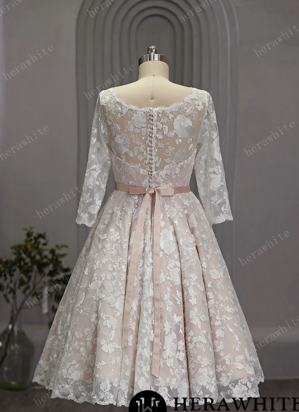 Vintage Inspired Short Tea Length Blush Wedding Dress With Lace Sleeves
