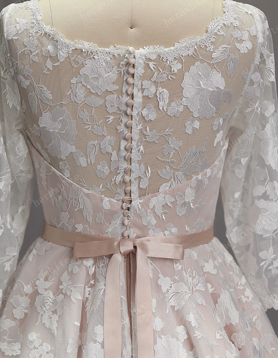 Vintage Inspired Short Tea Length Blush Wedding Dress With Lace Sleeves