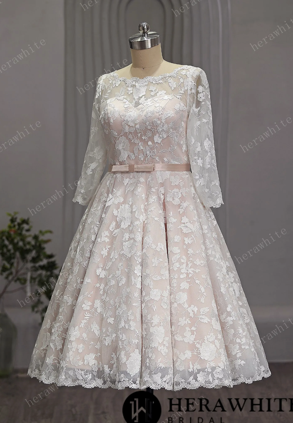 Mini Short Wedding Dress Tea Length Lace Sleeves,  Indulge in the timeless charm of House of Mooshki's vintage inspired 1950’s tea length blush wedding dress.
