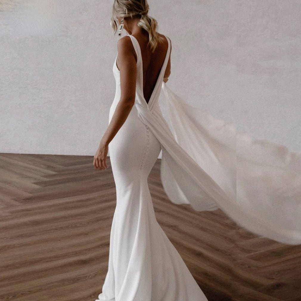 Deep V Neck Crepe Detachable Train Mermaid Wedding Dress Open Back Bridal Gown