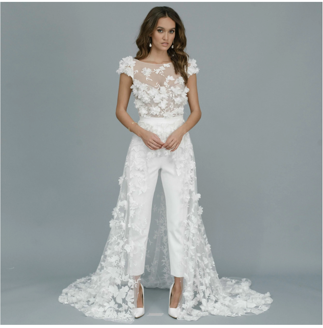 Backless Wedding Jumpsuit 3D Floral Lace Train Bridal Pants Suit