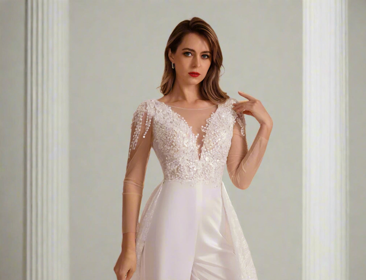 Wedding Jumpsuit With Detachable Skirt, Indulge in the alluring charm of our flawless Bridal Lace Jumpsuit for women!