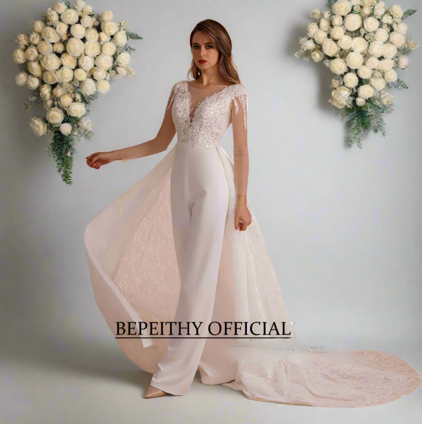 Wedding Jumpsuit With Detachable Skirt, Indulge in the alluring charm of our flawless Bridal Lace Jumpsuit for women!