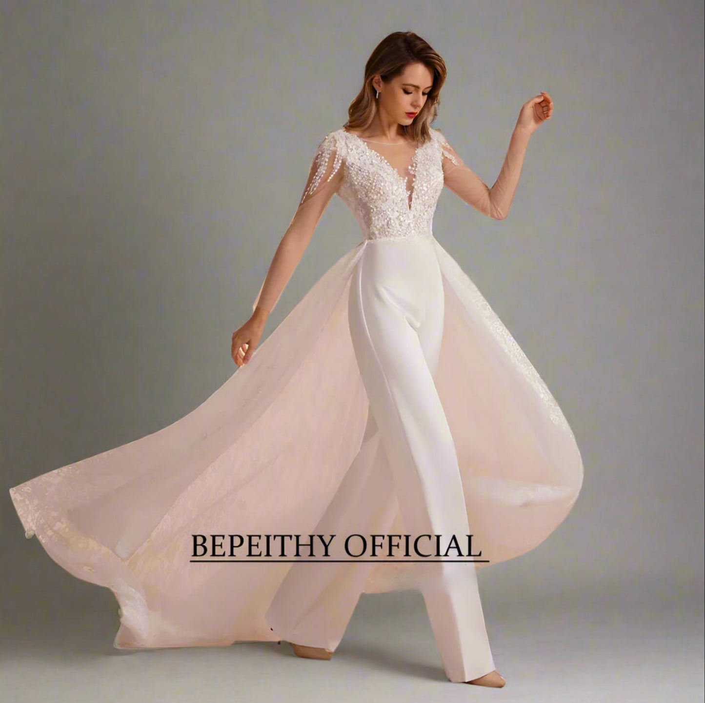 Wedding Jumpsuit With Detachable Skirt, Indulge in the alluring charm of our flawless Bridal Lace Jumpsuit for women!