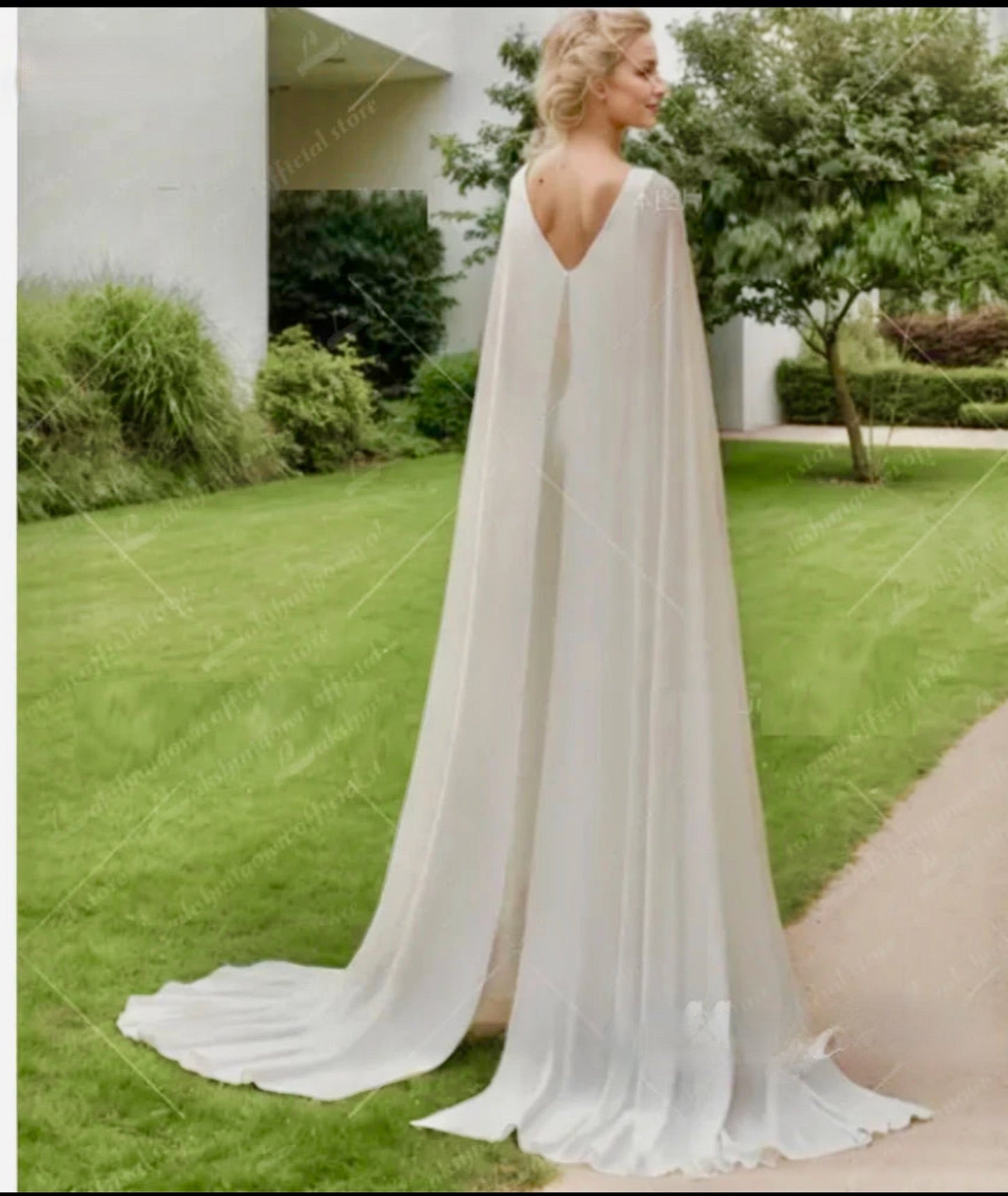 Wedding Jumpsuit Chiffon Bridal Pant Suit, Make a statement with this stunning chiffon bridal jumpsuit! Featuring a cascading, cape-like train from the shoulders