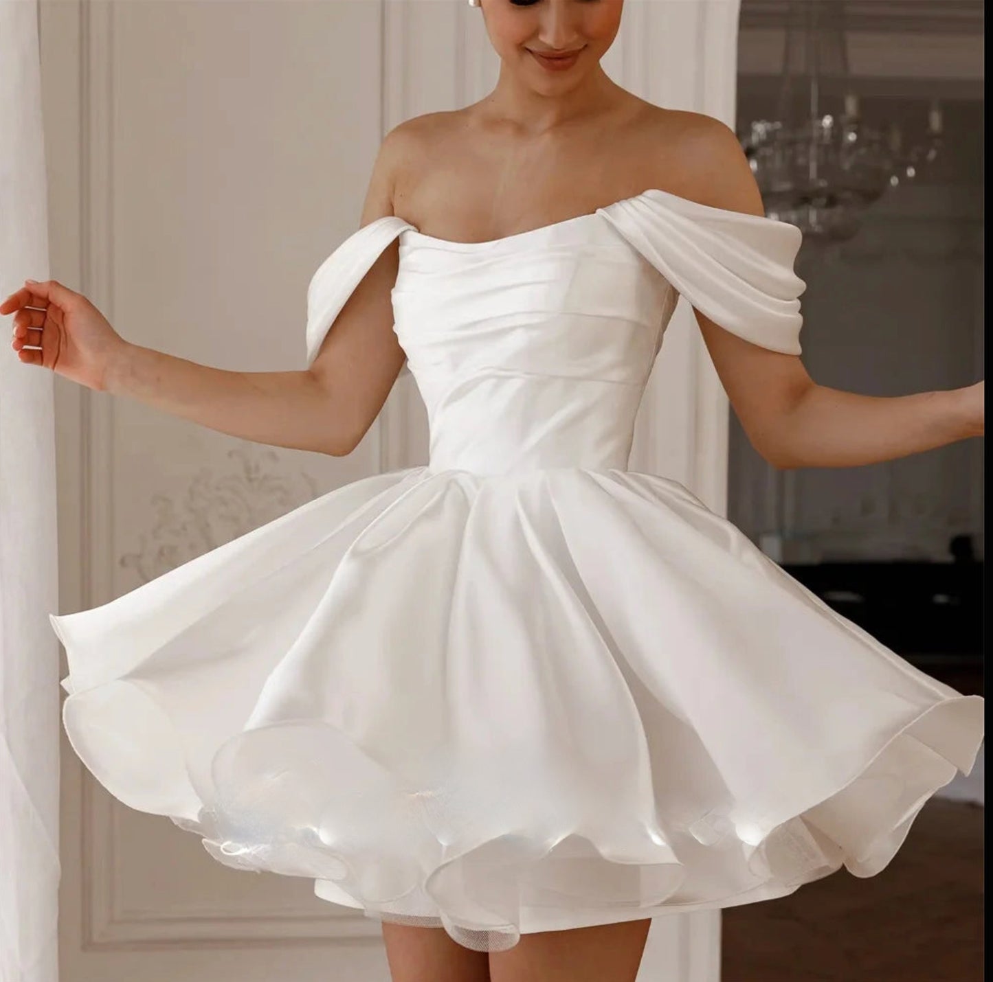 Mini Wedding Dress Simple Off Shoulder A-Line Short Satin