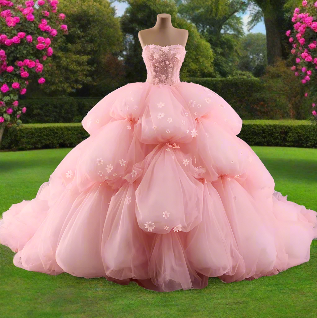 Quinceanera Dress Pink Ruffled Beaded Ball Gown, Elevate your Quinceanera style with our Spring Corset Pink Dress. The sleek fitted netting bodice