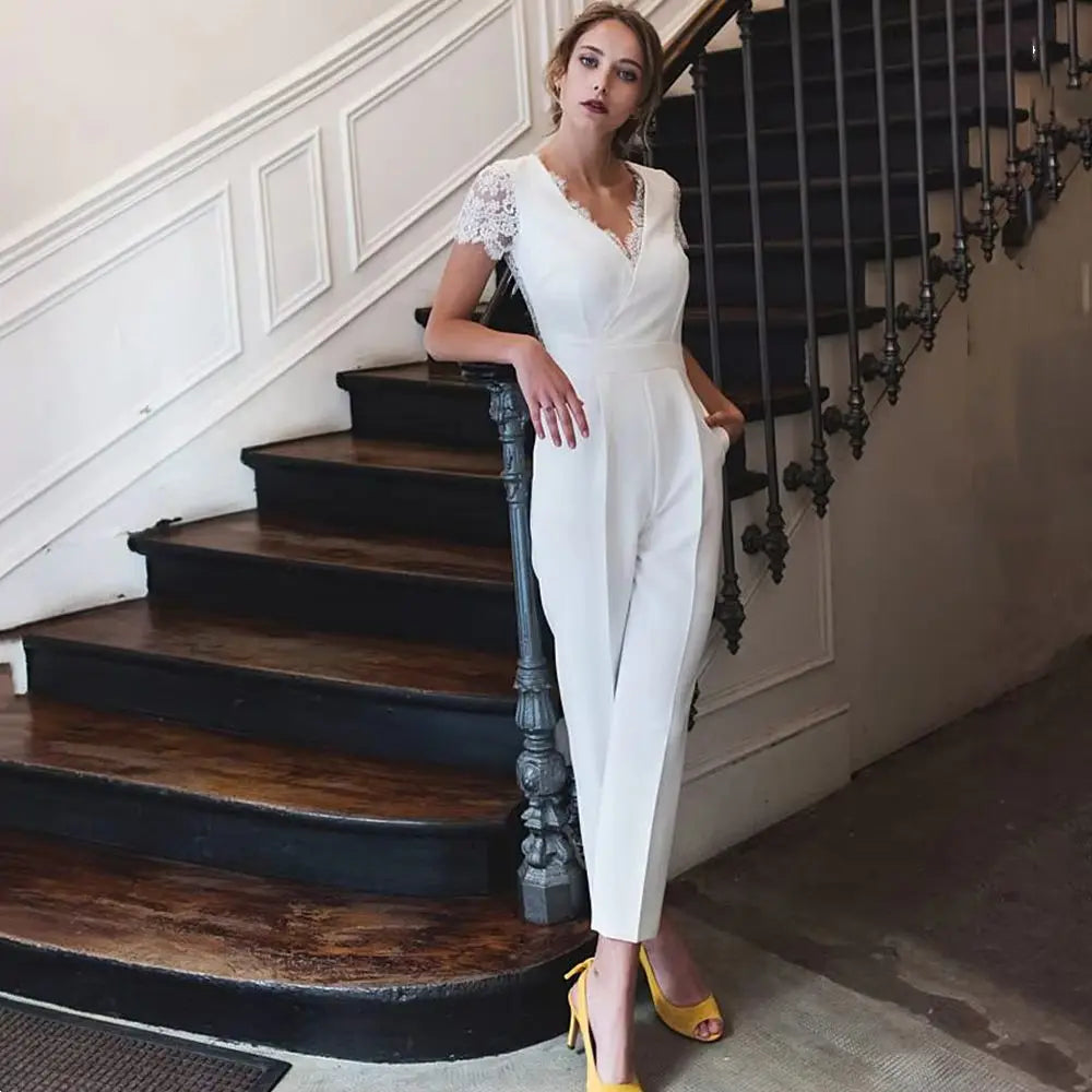 Wedding Jumpsuit With Pockets Short Sleeves,Feel like a boho beach goddess on your special day with our Lace Bridal Jumpsuit.