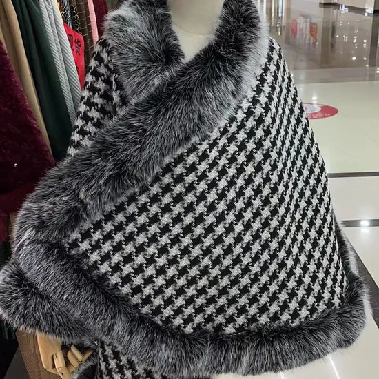 Poncho Warm Houndstooth Knitted Cloak With Fur Trim Faux Silver Fox Fur Cape