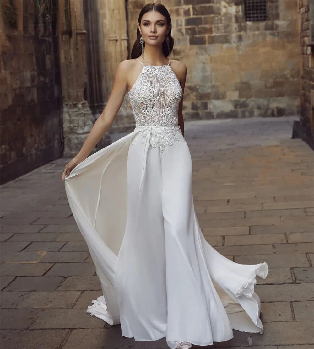 Elegant backless boho chiffon jumpsuit wedding dress with lace bWedding Jumpsuit Lace Chiffon Bridal Pants Suit,  Capture the essence of elegance and charm on your special day with this alluring One Piece Boho Chiffon Jumpsuit Wedding. and flowing skirt.