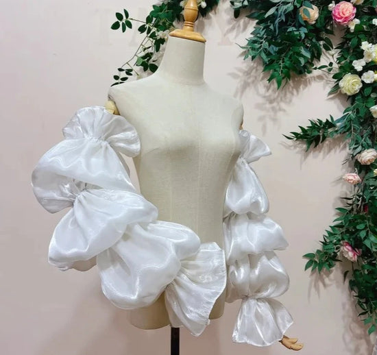 Detachable Up Down Shiny Satin Ruffled Long Puffy Sleeves For Wedding Dress